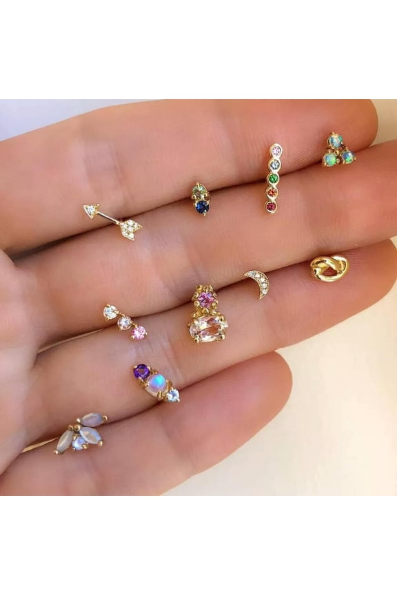 10 Pcs Clear Coloured Crystal Shinny Ear Studs Earrings Moon Star Fashion