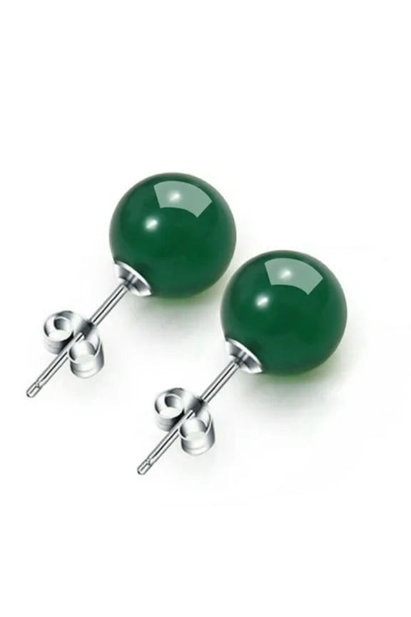 100% Natural 10mm Green Jade Round Gemstone Beads Stud Earrings