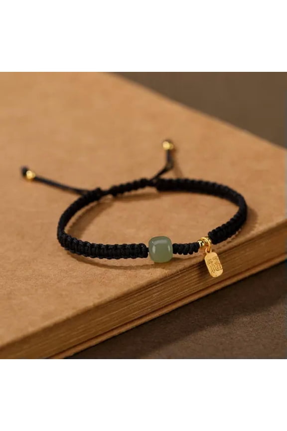 100% Natural Jade Jadeite Bead with Silver Fu Charm Black Knitted Bracelet