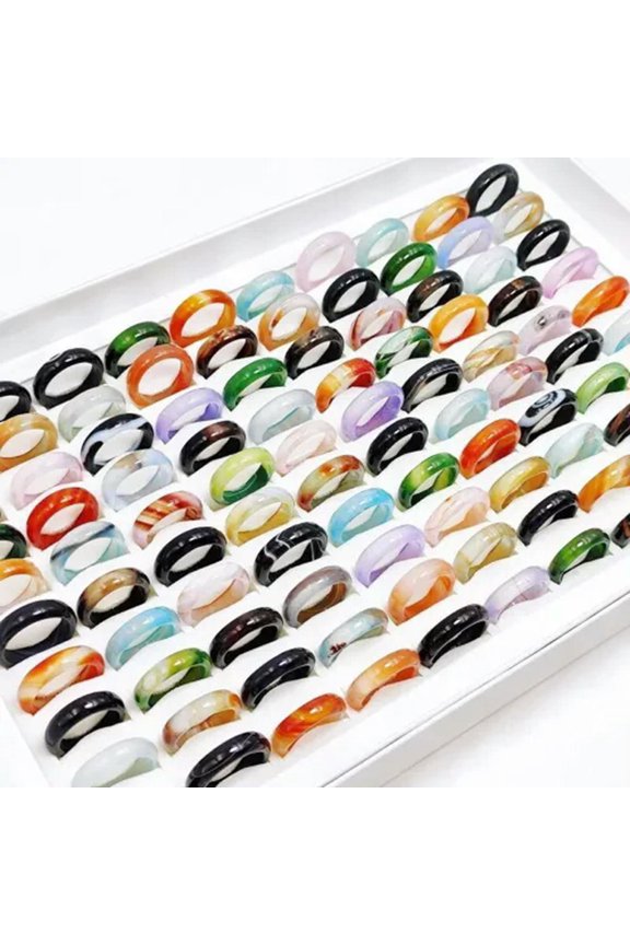 100Pcs/Lot Mix Vintage Natural Jade Agate Wedding Ring Charm Jewelry Wholesale-100pcs&Display Box
