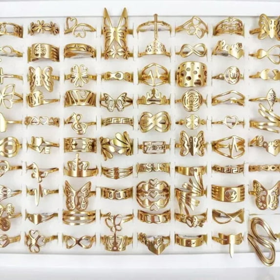 HOOUN 100Pcs/Lot Women Men Carved Charm Gift Engraved Openwork Stainless Steel Rings-100Gold ring&Tray box
