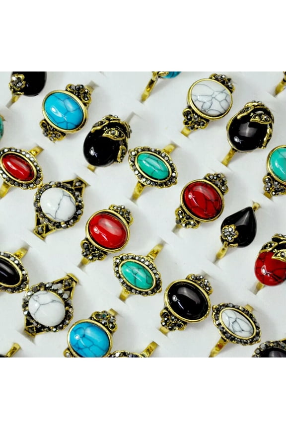 100pcs New Fashion Mixed Lots Natural Stone Stainless Steel Gold P Unisex Rings