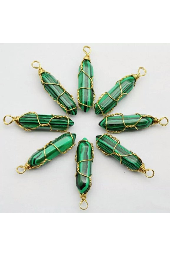 100pcs Wholesale Malachite Stone Pillar Shape Handmade Golden Iron Wire Pendants