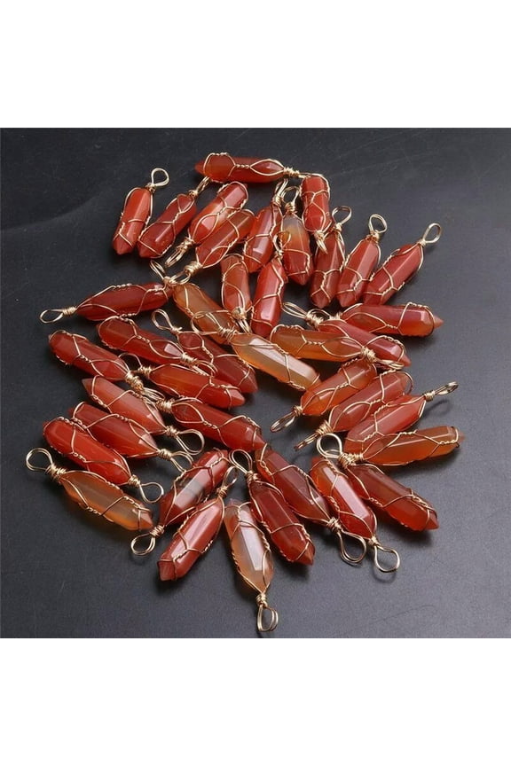 100pcs Wholesale Natural Red Agate Pillar Handmade Golden Iron Wire Pendants