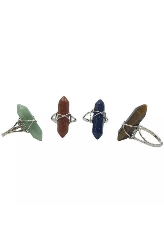 10PCS Natural Gemstones Hexagonal Pointed Reiki Chakra Adjustable Ring Silver