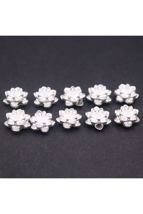 10PCS Pure 999 Fine Silver Bead Women Lucky Carved Lotus Flower Small Pendant