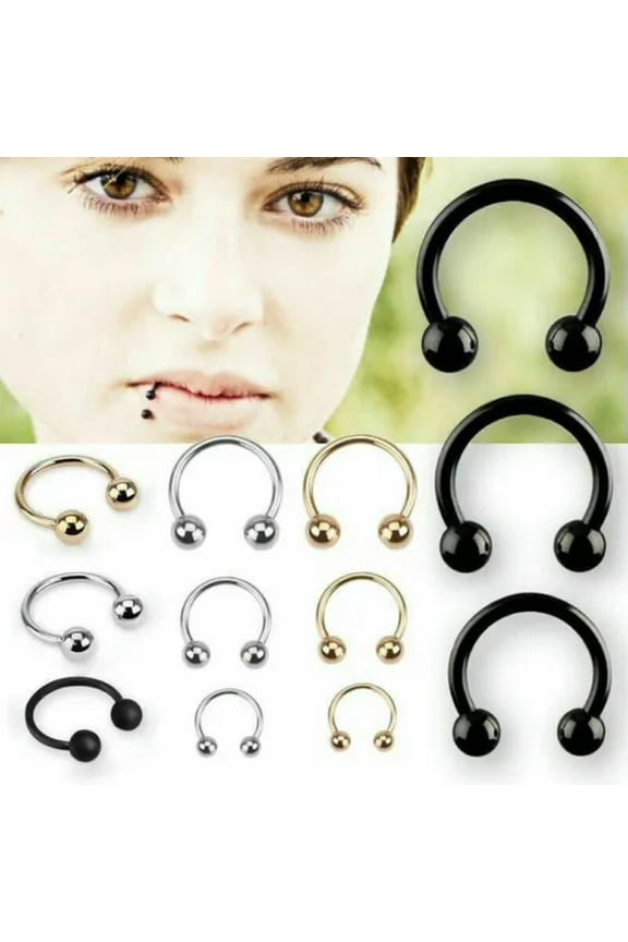 10PCS Stainless Steel Horseshoe Bar Lip Nose Septum Ear Ring Stud Piercing-Ball-Black-16g (1.2 mm)-12 mm