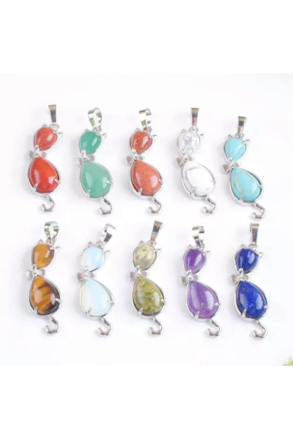 10Pcs Mixed Natural Stone Quartz Agate Cat Pendants Charm Reiki Chakra Women