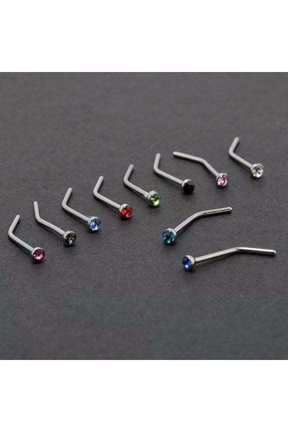 10Pcs Nose Studs Screw Mixed Color L-Shape Crystal Ring Bone Bar Pin Piercing-multicolor