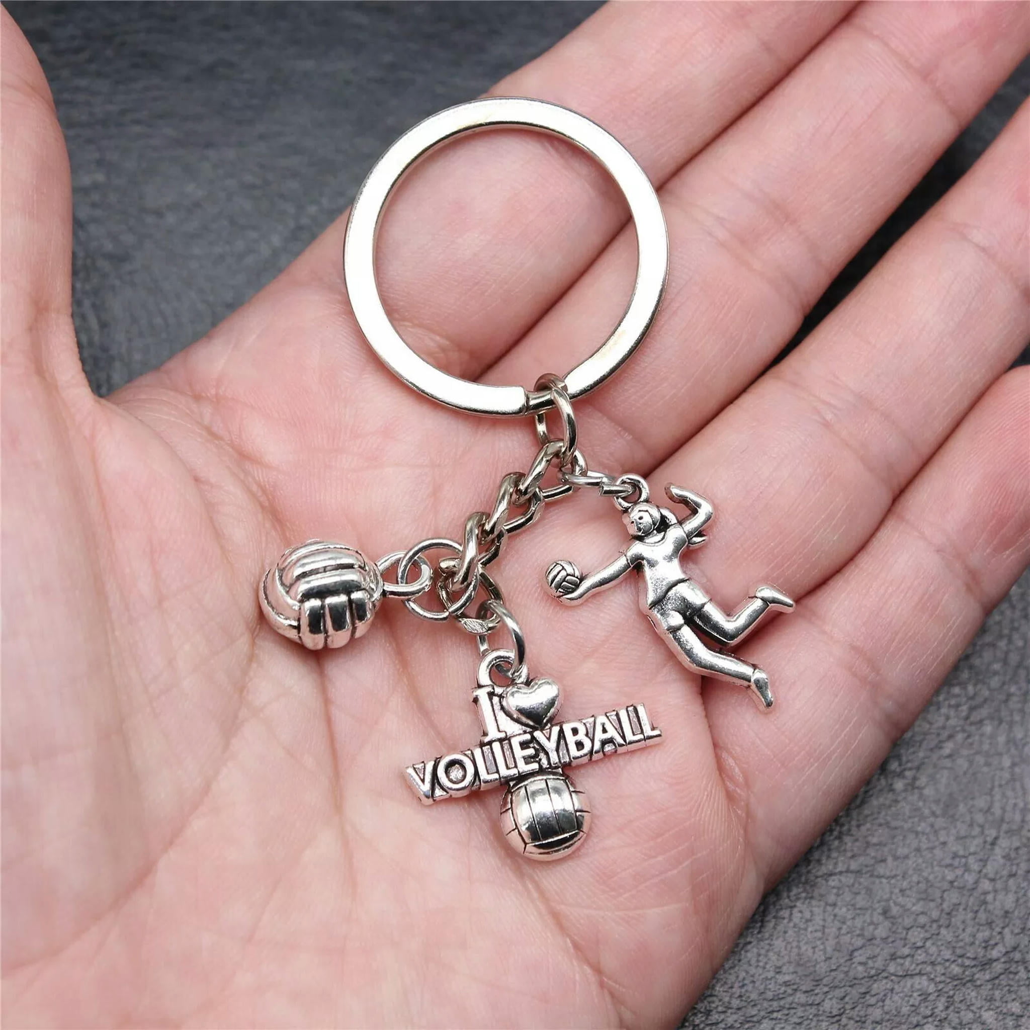 HOOUN 10Sets Tibetan Silver Charms Sport Style I love volleyball Key Chains DIY X10051