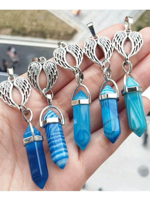 10pcs Blue Agate Gems stone Angel Heart Pendants Chakra Reiki Healing Amulet