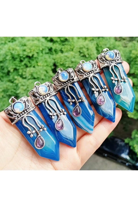 10pcs Blue Agate Stone Sword Pendants Prism Chakra Reiki Healing Amulet