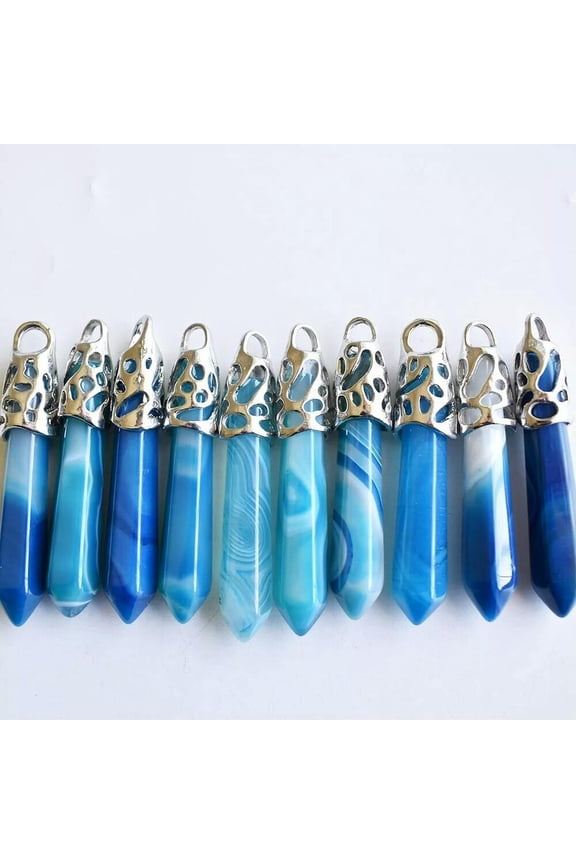 10pcs Blue Onyx Agate Natural Gemstones Hexagonal Pointed Reiki Chakra Pendant