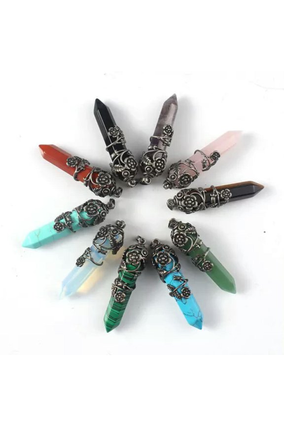 10pcs Hexagonal Healing Crystal Necklace Reiki Mix Quartz Natural Stone Pendant-Mixed stone