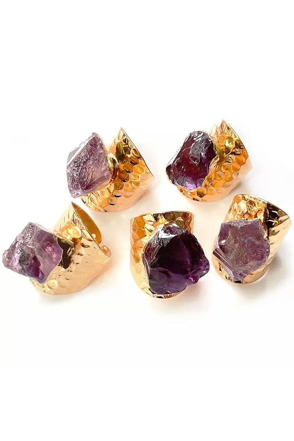 10pcs Irregular Raw Amethyst Wide Open Rings Genuine Stone Adjustable Jewelry