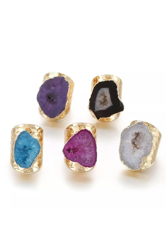 10pcs Mix color Random Irregular Geode Genuine Stone Hole Open Ring Crystal