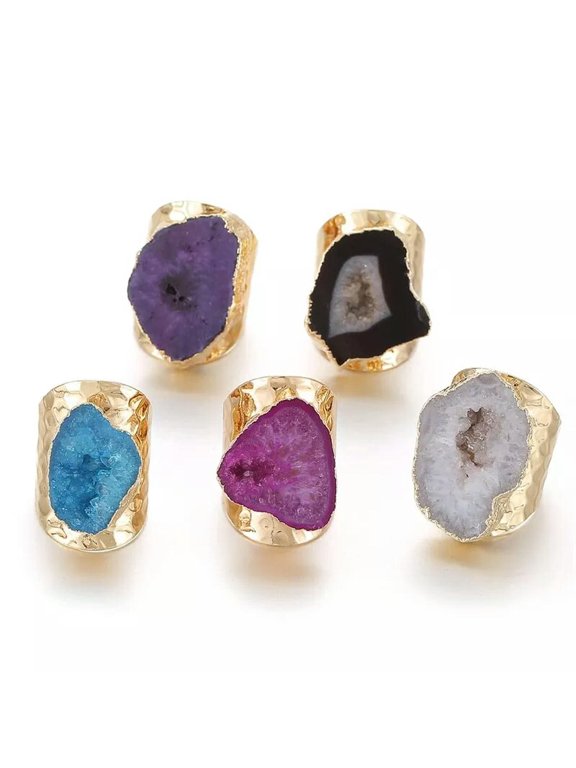 10pcs Mix color Random Irregular Geode Genuine Stone Hole Open Ring Crystal