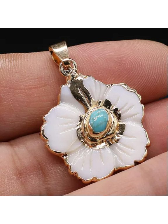 10pcs Natural Amethyst Stone Gems Flowers Reiki Heal White Shell Pendants-Blue Turquoise