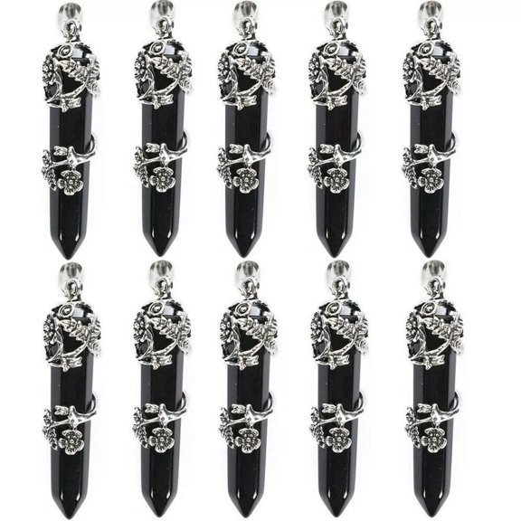 HOOUN 10pcs Natural Obsidian Stone Hexagonal Prism Healing Point Pendant DIY Necklace