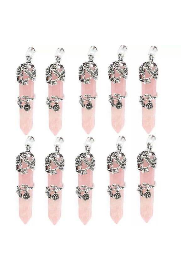 10pcs Natural Rose Quartz Stone Hexagonal Prism Healing Point Pendant DIY