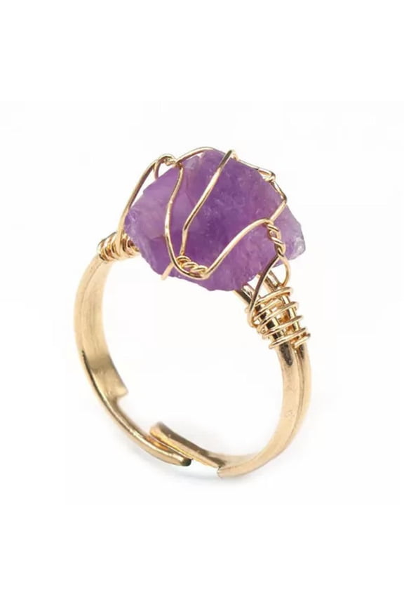 10pcs Natural Stone Crystal Rings Gold Color Wire Wrap Citrine Onyx Adjustable -Amethyst