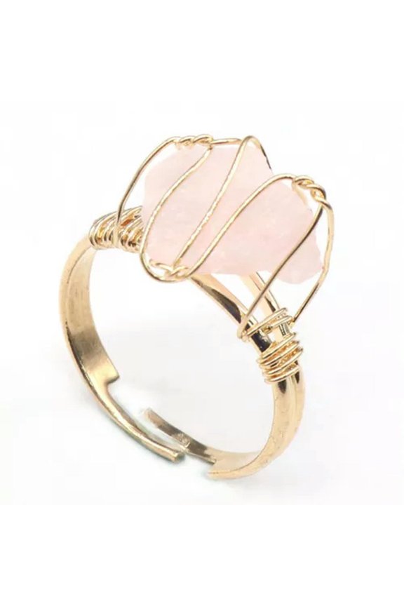 10pcs Natural Stone Crystal Rings Gold Color Wire Wrap Citrine Onyx Adjustable -Rose Quartz