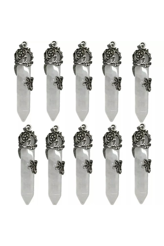 10pcs Natural White Crystal Stone Hexagonal Prism Healing Point Pendant DIY