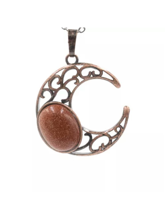 10pcs Quartz Beads Inlaid Retro Moon Gemstone Pendants Necklace Jewelry Making-Gold sand stone