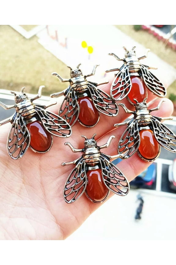 10pcs Red Agate Stone Cicada Fly Pendants Brooch Chakra Reiki Healing Amulet