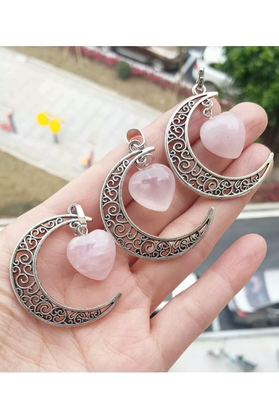 10pcs Rose Quartz stone Moon Heart Pendants Chakra Reiki Healing Amulet