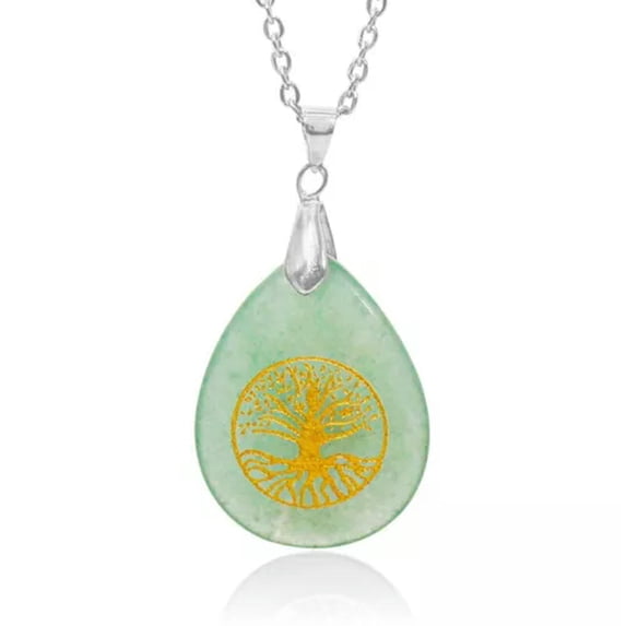 HOOUN 10pcs Tree of Teardrop Pendant Necklaces Natural Stone Healing Spiritual Quartz-Green Aventurine