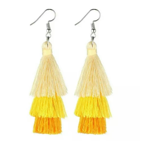 HOOUN 10pirs Colorful Three Layered Long Tassel Multilayer Vintage Dangle Earrings-Yellow2