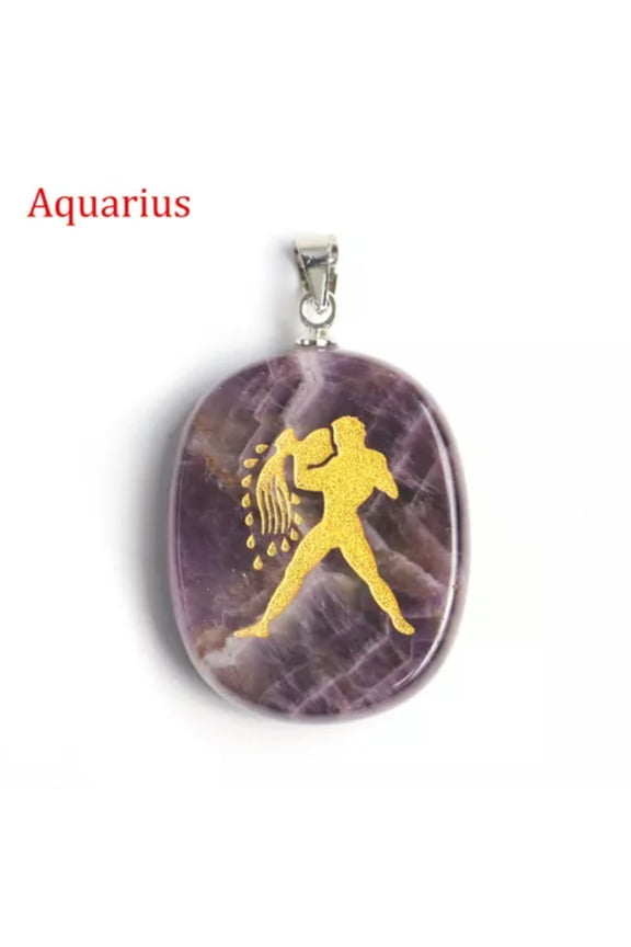 12 Constellations Pendant Natural Amethyst Crystal Quartz Carved Necklace Reiki-Aquarius
