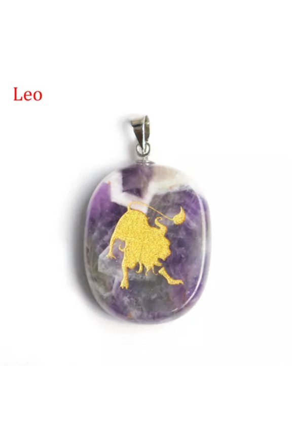 12 Constellations Pendant Natural Amethyst Crystal Quartz Carved Necklace Reiki-Leo