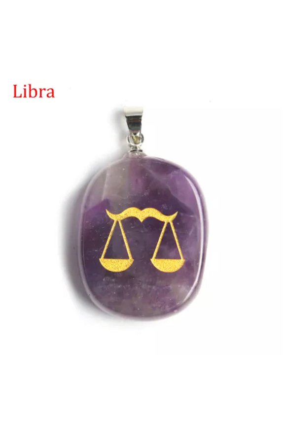 12 Constellations Pendant Natural Amethyst Crystal Quartz Carved Necklace Reiki-Libra