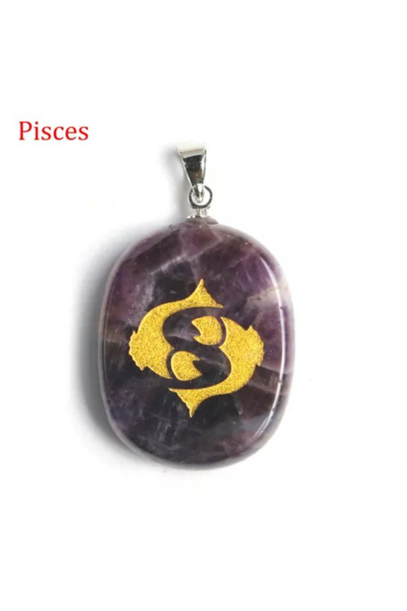 12 Constellations Pendant Natural Amethyst Crystal Quartz Carved Necklace Reiki-Pisces