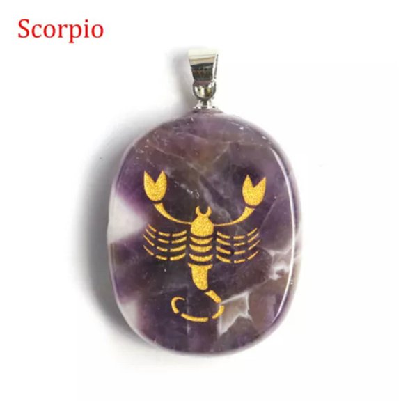 HOOUN 12 Constellations Pendant Natural Amethyst Crystal Quartz Carved Necklace Reiki-Scorpio