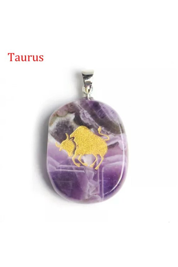 12 Constellations Pendant Natural Amethyst Crystal Quartz Carved Necklace Reiki-Taurus