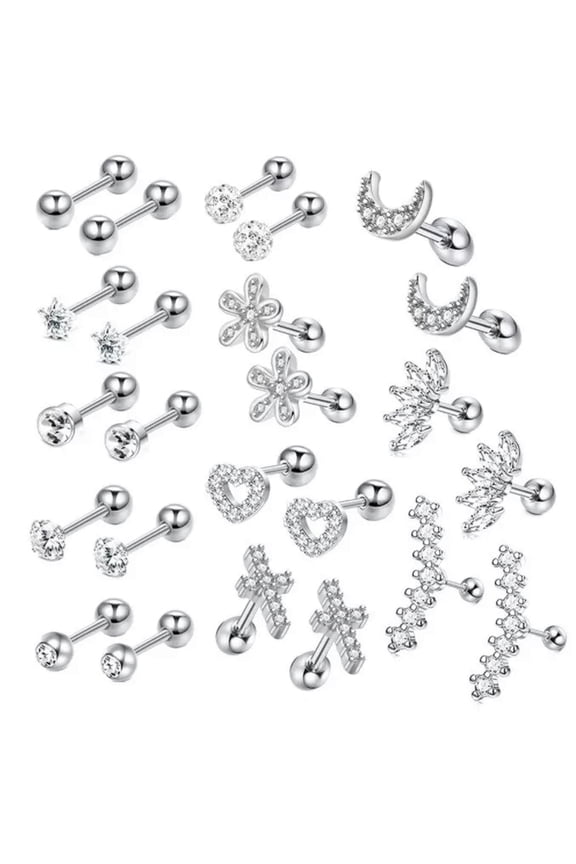 12 Pairs Industrial Scaffold Bar Ear Nose Piercing Straight Barbell Steel Gem