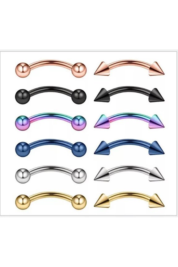12 pcs Curved Barbell Eyebrow Banana Bar Ring Piercing Steel Anodized Ball Arrow