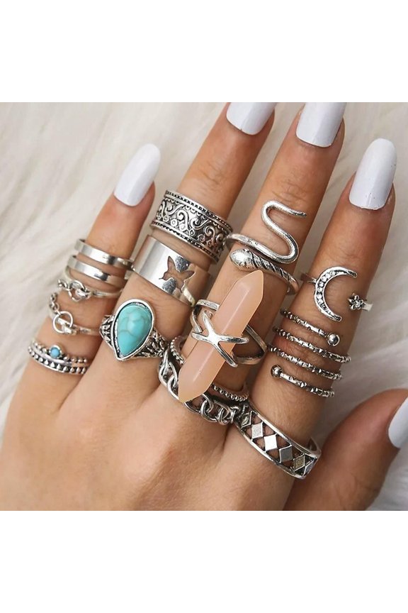 12PC Set Retro Finger Open Ring Bohemia Turquoise Snake Pink Moon Gift 2077