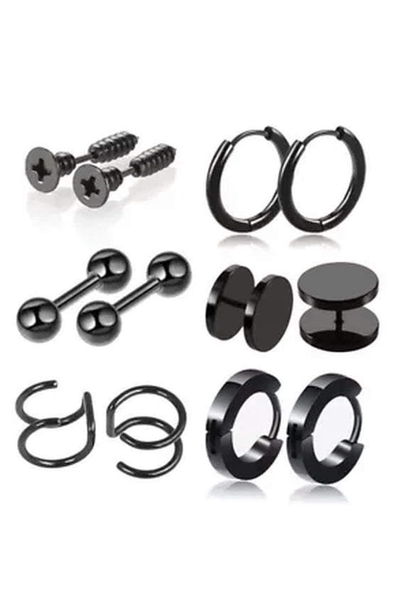 12Pcs Stainless Steel Earrings Stud Screw Back Punk Piercing Hoop Gothic Unisex-black