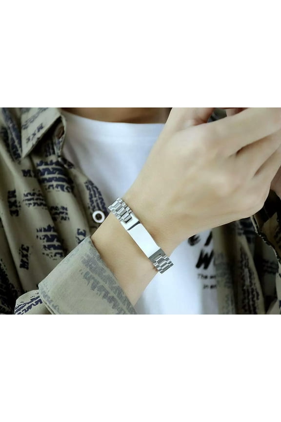 12mm 8.26'' Mens ID Bracelet Link Chain Wristbrand Stainless Steel Bangle Silver