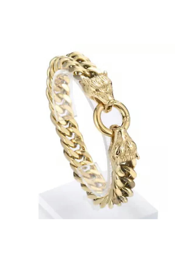 12mm 8inch Biker Mens Stainless Steel Wolf Head Cuban Link Curb Chain Bracelet-gold
