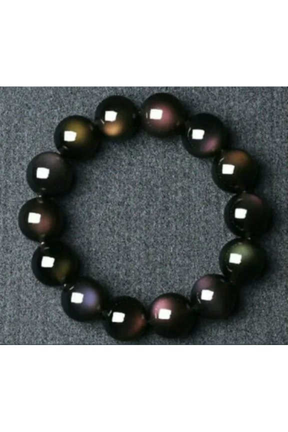 12mm Natural Black Obsidian Rainbow Gemstone Round Beads Stretch Bracelet AAAA
