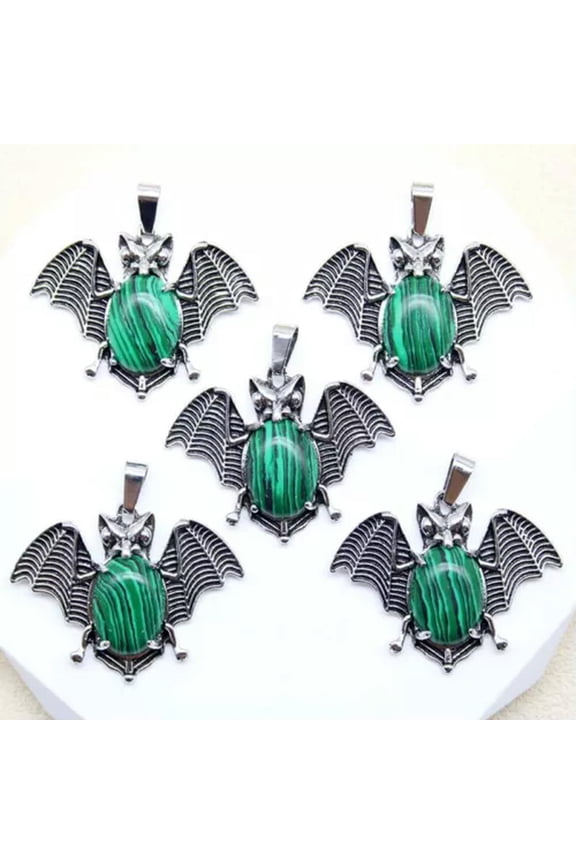 12pcs Malachite Stone Gems Alloy Bat Pendants Magic Reiki Healing Amulet