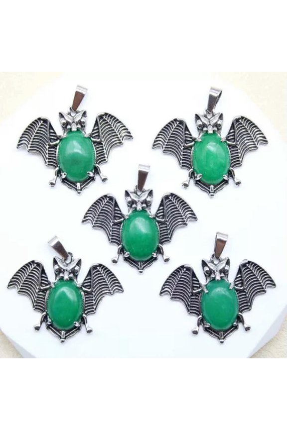 12pcs Natural Malaysian Jade Stone Alloy Bat Pendants Magic Reiki Healing Amulet