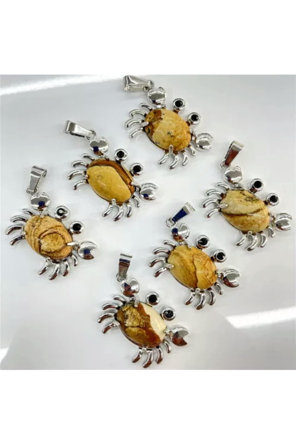 12pcs Natural Picture Stone Quartz Crab Pendants Chakra Reiki Healing Amulet