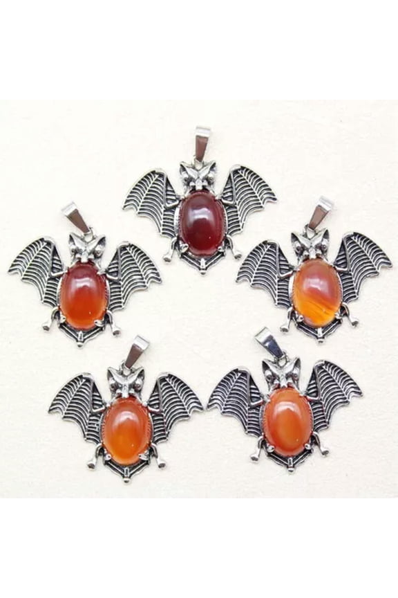 12pcs Natural Red Agate Stone Gems Alloy Bat Pendants Magic Reiki Healing Amulet