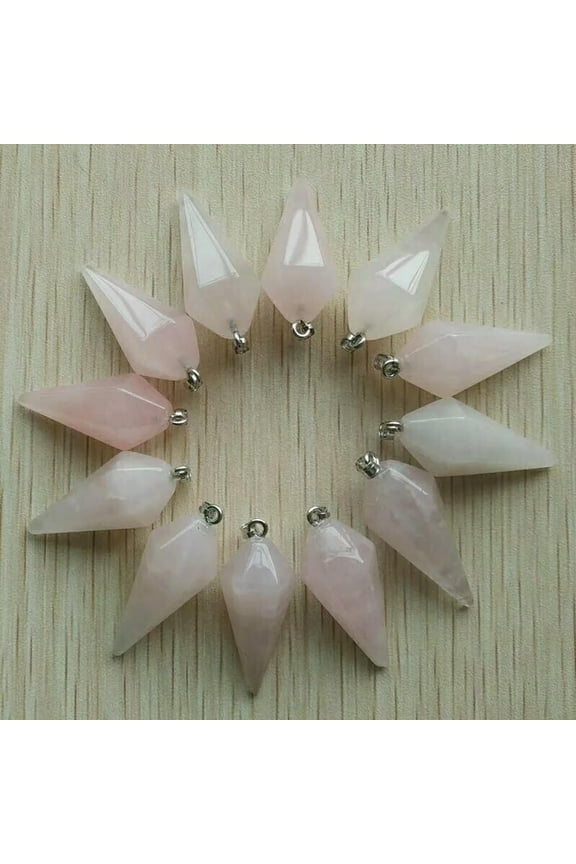 12pcs Natural Rose Quartz Stone Faceted Pendulum Pyramid Pendants Bead 16x34mm